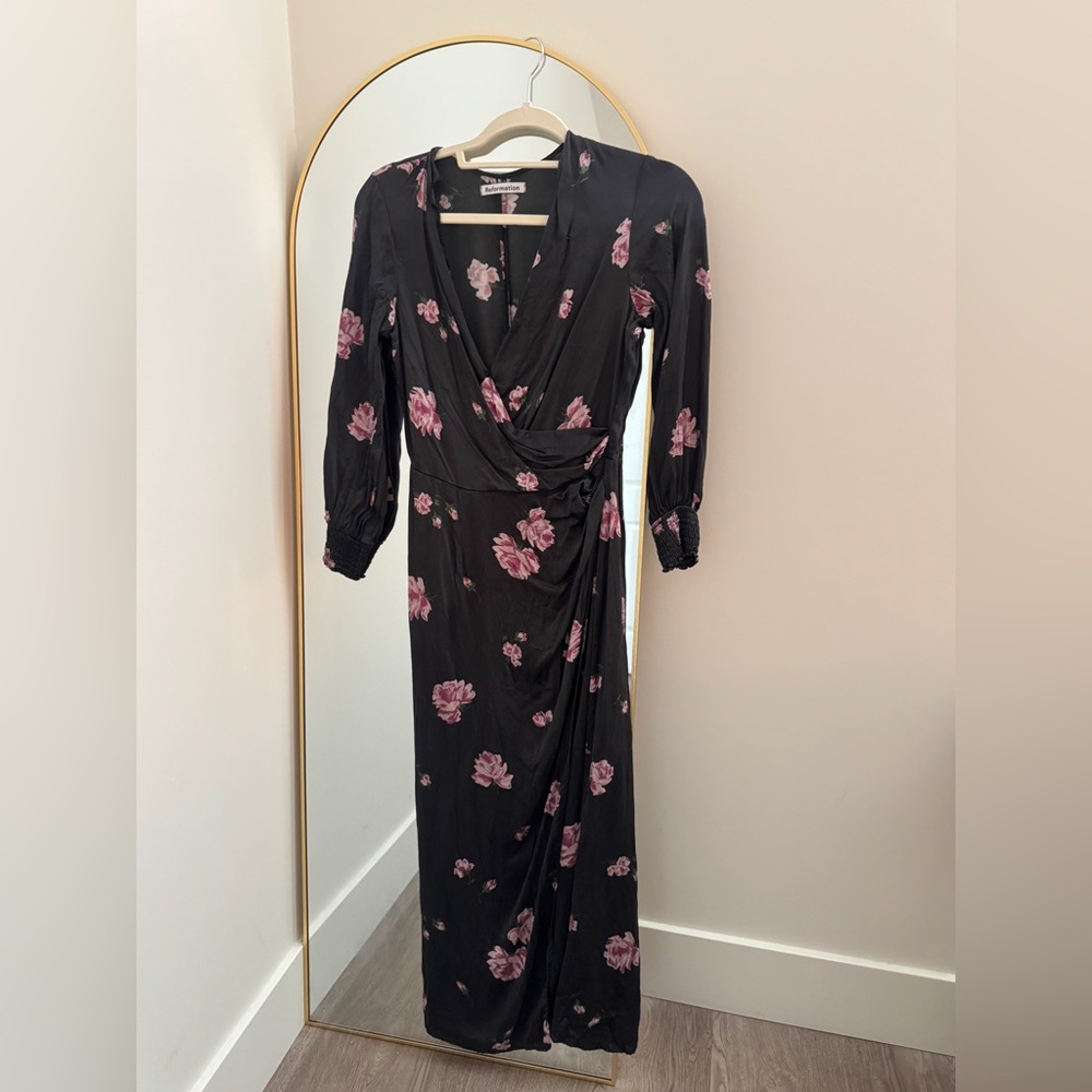 Reformation Black Floral Long Sleeve Dress